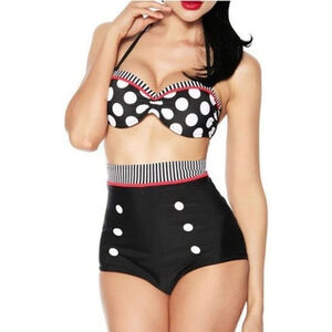 Boolavard Pin-Up Girl Polka Dot High-Waisted Bikini Size M (6/8) Black & White